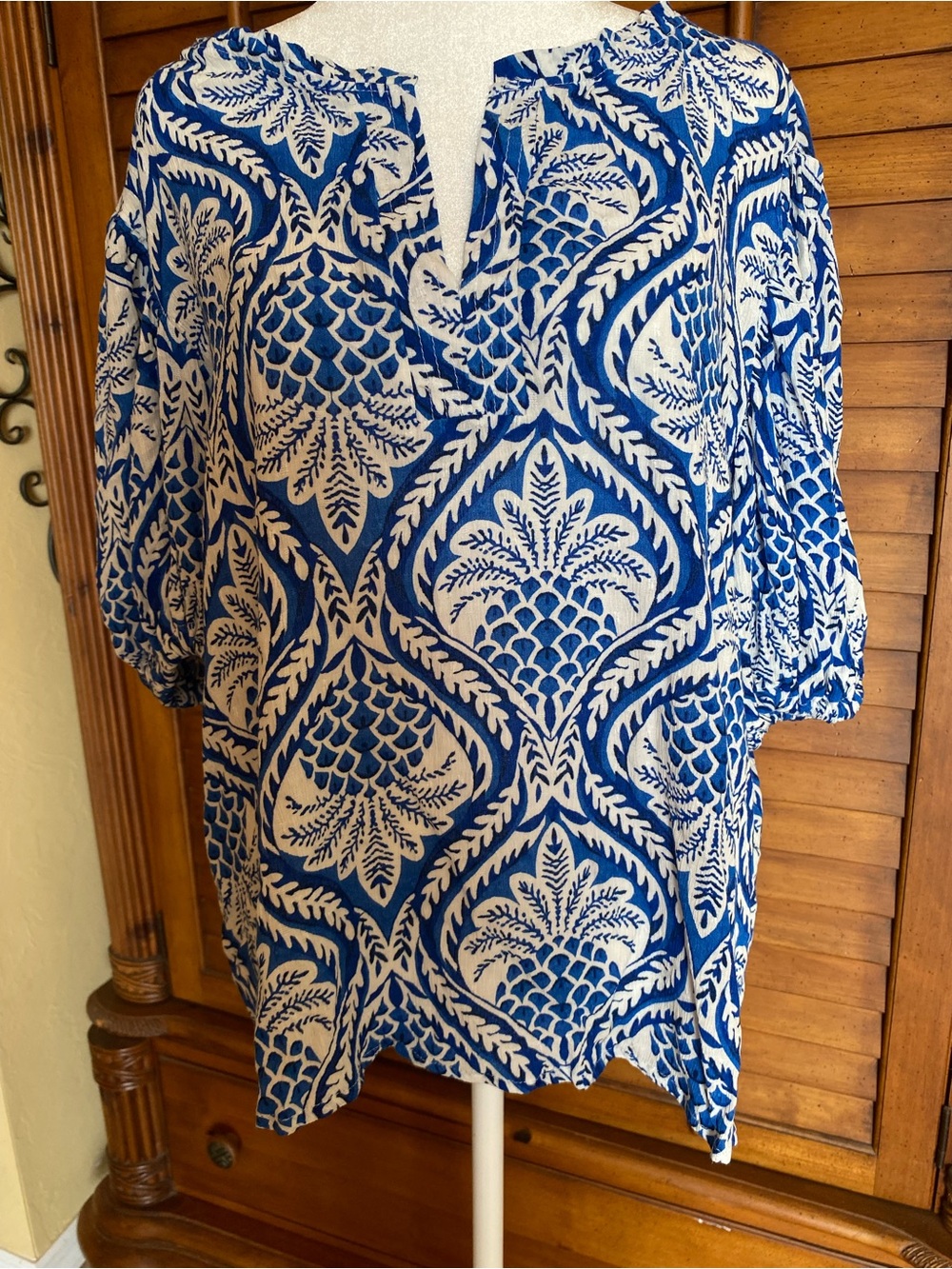 Tommy Bahama Blue and White Medallion Split-Neck Tunic